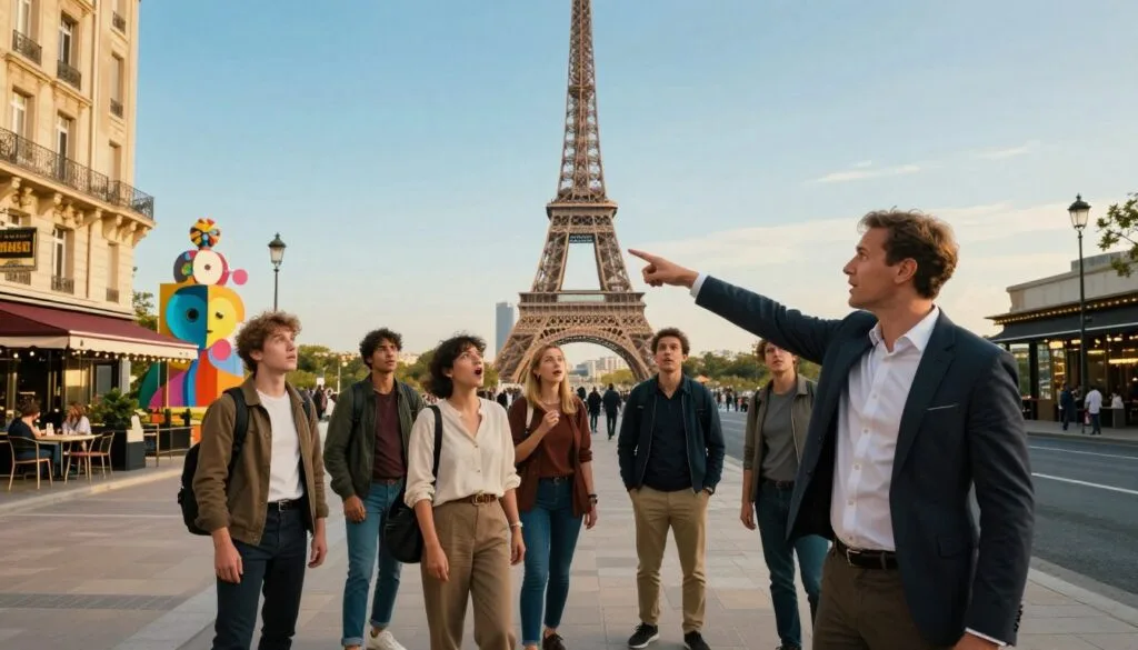 Une scène captivante de visite guidée à Paris, mettant en scène un groupe de touristes élégants participant à une excursion immersive. Au premier plan, un guide charismatique en tenue professionnelle désigne avec enthousiasme l'emblématique Tour Eiffel, entouré de touristes aux tenues décontractées mais sobres, chacun affichant des expressions d'émerveillement et d'enthousiasme. Au second plan, une rue animée, bordée d'attractions modernes telles que des installations d'art contemporain et des cafés chics, longe le chemin. En arrière-plan, la silhouette parisienne se détache sur un ciel bleu azur, sublimée par la douce lumière dorée du crépuscule, créant une atmosphère chaleureuse et accueillante. La composition, réalisée au grand angle, souligne le dynamisme du groupe tout en mettant en valeur l'architecture époustouflante avec une richesse de détails en haute résolution, pour une expérience immersive.