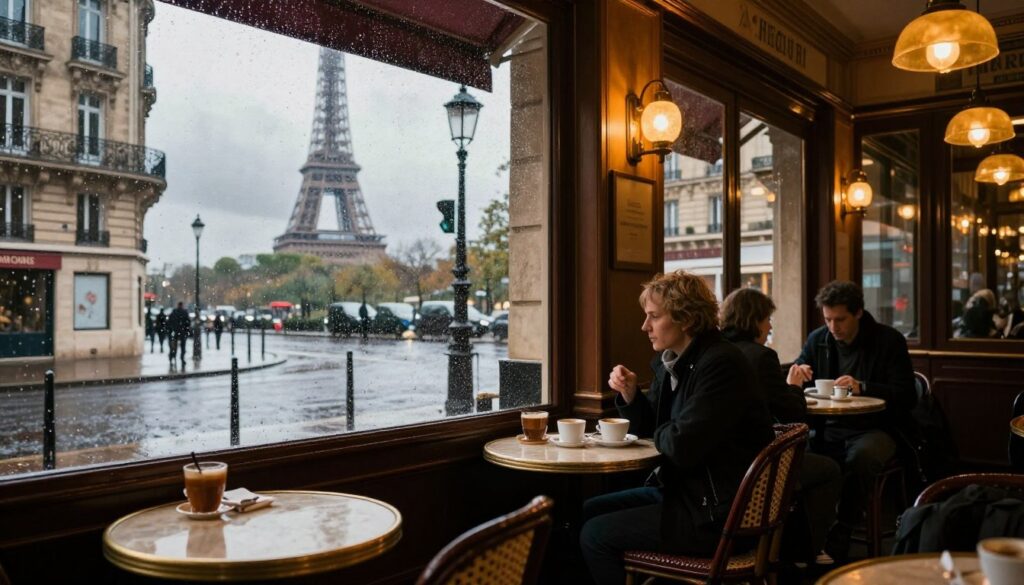 A captivating scene of a Paris rainy day, capturing the charm of the city indoors. In the foreground, a cozy café with warm golden lighting, featuring elegant wooden tables and patrons sipping coffee while gazing out the window. Raindrops streak the glass, creating a dreamy effect. In the middle ground, a glimpse of a classic Parisian street with cobblestones glistening from the rain, iconic buildings adorned with intricate architecture. The background reveals a soft focus of the Eiffel Tower partially obscured by clouds, enhancing the moody atmosphere. The image should be shot with a shallow depth of field, emphasizing the foreground details while creating a rich, cinematic lighting effect. Strive for highly detailed textures, capturing the essence of a rainy day in Paris at 8k resolution. A captivating scene of a Paris rainy day, capturing the charm of the city indoors. In the foreground, a cozy café with warm golden lighting, featuring elegant wooden tables and patrons sipping coffee while gazing out the window. Raindrops streak the glass, creating a dreamy effect. In the middle ground, a glimpse of a classic Parisian street with cobblestones glistening from the rain, iconic buildings adorned with intricate architecture. The background reveals a soft focus of the Eiffel Tower partially obscured by clouds, enhancing the moody atmosphere. The image should be shot with a shallow depth of field, emphasizing the foreground details while creating a rich, cinematic lighting effect. Strive for highly detailed textures, capturing the essence of a rainy day in Paris at 8k resolution.