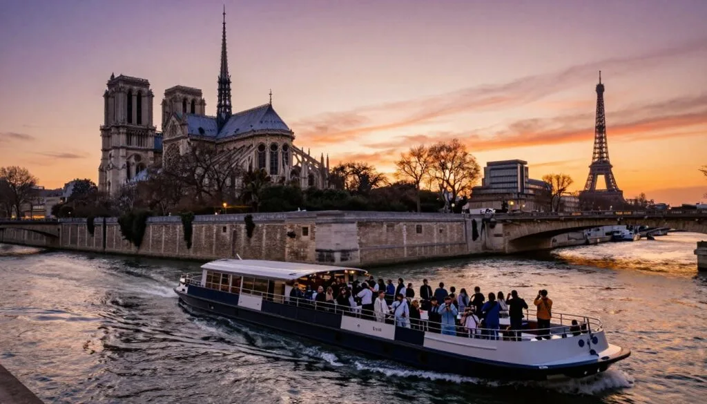 Une scène captivante d'une croisière sur la Seine à Paris, mettant en scène un charmant bateau glissant doucement sur l'eau. Au premier plan, le bateau est rempli de touristes vêtus de tenues décontractées mais élégantes, immortalisant l'instant avec leurs appareils photo. Au second plan, l'architecture parisienne emblématique, notamment la cathédrale Notre-Dame et le musée d'Orsay, encadre le fleuve, reflétant la riche histoire et le dynamisme moderne de la ville. À l'arrière-plan se dessine la silhouette lointaine de la tour Eiffel sur un ciel de coucher de soleil pittoresque, aux chaudes teintes orangées et pourpres. La scène est baignée d'une lumière cinématographique qui souligne les textures de l'eau et des bâtiments, créant une atmosphère sereine et accueillante. Image rendue en résolution 8K pour un niveau de détail et un réalisme saisissants.