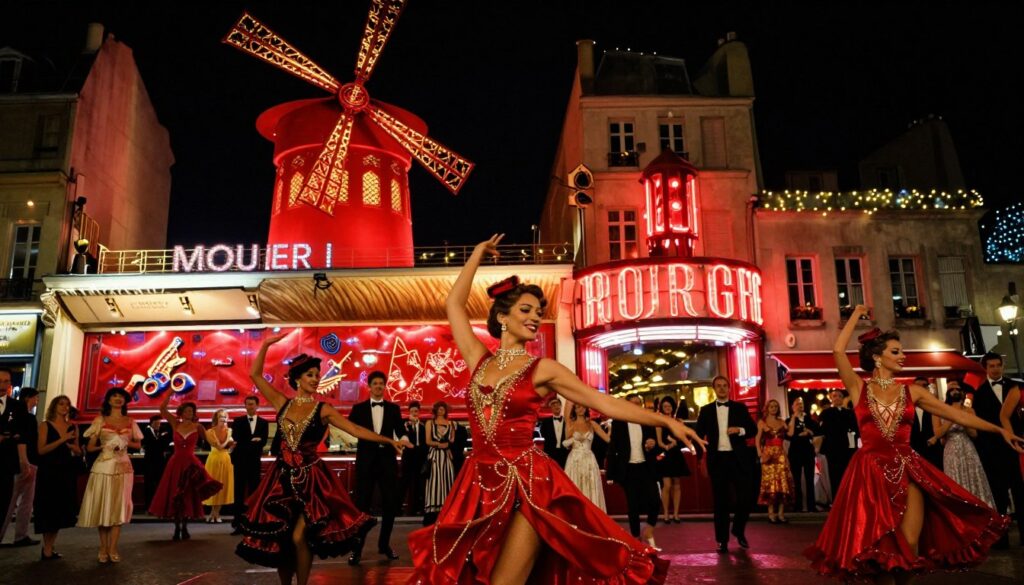 A captivating scene of the Moulin Rouge cabaret show at night, showcasing the iconic windmill structure illuminated by vibrant red and gold lights. In the foreground, elegantly dressed performers in dazzling costumes are gracefully dancing, their expressions joyful and inviting. The middle ground features the lively audience, dressed in chic evening attire, captivated by the performance. The background reveals the charming Montmartre streets adorned with twinkling lights and atmospheric bistros, contributing to the nightlife ambiance. The scene is captured with cinematic lighting, highlighting the textures of the costumes and the warmth of the restaurant ambiance. The angle offers a dynamic view, focusing both on the performers and the audience's engaging reactions, all in stunning 8k resolution for clarity and detail.