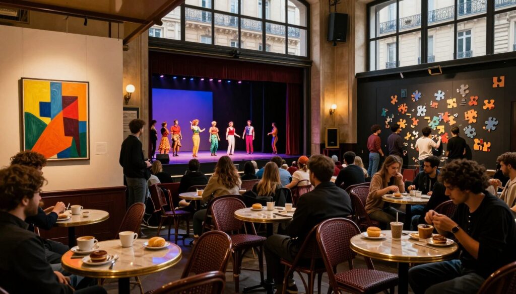 A captivating scene showcasing diverse indoor entertainment options in Paris. In the foreground, a cozy café with patrons enjoying pastries and coffee, reflecting an inviting atmosphere. To the left, a stylish art gallery displaying colorful modern artwork, with visitors admiring the pieces. In the middle, a vibrant theater featuring a lively play, with actors in colorful costumes performing for an engaged audience. To the right, a trendy escape room with groups of people solving puzzles, dressed in casual attire. The background reveals iconic Parisian architecture through large windows, softly illuminated by warm, golden cinematic lighting. Capture the intricate details in 8k resolution, highlighting the textures of the café furniture and the theater stage, creating a lively yet cozy mood that reflects the essence of indoor entertainment in Paris. A captivating scene showcasing diverse indoor entertainment options in Paris. In the foreground, a cozy café with patrons enjoying pastries and coffee, reflecting an inviting atmosphere. To the left, a stylish art gallery displaying colorful modern artwork, with visitors admiring the pieces. In the middle, a vibrant theater featuring a lively play, with actors in colorful costumes performing for an engaged audience. To the right, a trendy escape room with groups of people solving puzzles, dressed in casual attire. The background reveals iconic Parisian architecture through large windows, softly illuminated by warm, golden cinematic lighting. Capture the intricate details in 8k resolution, highlighting the textures of the café furniture and the theater stage, creating a lively yet cozy mood that reflects the essence of indoor entertainment in Paris.