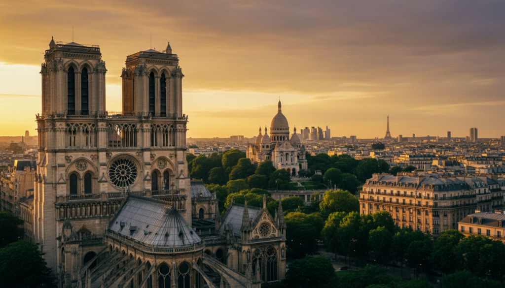A captivating scene showcasing the stunning churches and cathedrals of Paris, featuring the iconic Notre-Dame with its intricate Gothic architecture in the foreground. In the middle ground, the majestic Sacré-Cœur stands atop Montmartre, surrounded by vibrant greenery. The background reveals the elegant skyline of Paris under a dramatic sunset, casting a warm golden glow over the scene. The lighting is soft and cinematic, enhancing the rich details of the stone facades and the lush surroundings. A slight tilt-angle perspective captures the grandeur and height of these architectural masterpieces. The atmosphere is serene and enchanting, inviting viewers to explore the historical and spiritual essence of Paris in exquisite 8k resolution, with highly detailed textures and no text overlays. A captivating scene showcasing the stunning churches and cathedrals of Paris, featuring the iconic Notre-Dame with its intricate Gothic architecture in the foreground. In the middle ground, the majestic Sacré-Cœur stands atop Montmartre, surrounded by vibrant greenery. The background reveals the elegant skyline of Paris under a dramatic sunset, casting a warm golden glow over the scene. The lighting is soft and cinematic, enhancing the rich details of the stone facades and the lush surroundings. A slight tilt-angle perspective captures the grandeur and height of these architectural masterpieces. The atmosphere is serene and enchanting, inviting viewers to explore the historical and spiritual essence of Paris in exquisite 8k resolution, with highly detailed textures and no text overlays.