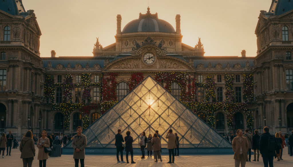 A captivating scene showcasing the world-famous museums in Paris, with the Louvre's glass pyramid in the foreground, reflecting shimmering sunlight. In the middle ground, the Musée d'Orsay's iconic railway station architecture stands proudly, adorned with vibrant spring flowers. The background features the majestic silhouette of the Palais Garnier opera house. The atmosphere is lively with tourists in modest casual clothing admiring the art and architecture, basking in the soft golden glow of cinematic lighting, creating a warm and inviting mood. The composition is captured with an 85mm lens, emphasizing the intricate textures and details of the buildings, presented in stunning 8k resolution, inviting viewers to explore the beauty of Parisian culture. A captivating scene showcasing the world-famous museums in Paris, with the Louvre's glass pyramid in the foreground, reflecting shimmering sunlight. In the middle ground, the Musée d'Orsay's iconic railway station architecture stands proudly, adorned with vibrant spring flowers. The background features the majestic silhouette of the Palais Garnier opera house. The atmosphere is lively with tourists in modest casual clothing admiring the art and architecture, basking in the soft golden glow of cinematic lighting, creating a warm and inviting mood. The composition is captured with an 85mm lens, emphasizing the intricate textures and details of the buildings, presented in stunning 8k resolution, inviting viewers to explore the beauty of Parisian culture.