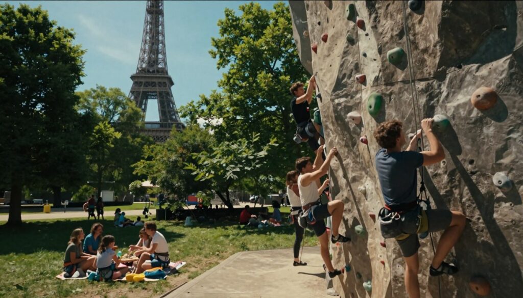 A captivating scene showcasing unique outdoor activities near Paris, featuring an exciting rock-climbing wall set against lush greenery in a serene park. In the foreground, a diverse group of individuals in modest casual clothing enthusiastically scale the wall, capturing the spirit of adventure. The middle ground reveals a vibrant picnic area with families enjoying nature, complementing the theme of outdoor exploration. In the background, the iconic silhouette of the Eiffel Tower peeks through the trees under a bright blue sky. The image is bathed in warm, cinematic lighting that highlights the textures of the climbing wall and the joyful expressions of the climbers. Capture in 8k resolution with a high dynamic range to emphasize detail and depth, conveying an atmosphere of excitement and discovery. A captivating scene showcasing unique outdoor activities near Paris, featuring an exciting rock-climbing wall set against lush greenery in a serene park. In the foreground, a diverse group of individuals in modest casual clothing enthusiastically scale the wall, capturing the spirit of adventure. The middle ground reveals a vibrant picnic area with families enjoying nature, complementing the theme of outdoor exploration. In the background, the iconic silhouette of the Eiffel Tower peeks through the trees under a bright blue sky. The image is bathed in warm, cinematic lighting that highlights the textures of the climbing wall and the joyful expressions of the climbers. Capture in 8k resolution with a high dynamic range to emphasize detail and depth, conveying an atmosphere of excitement and discovery.