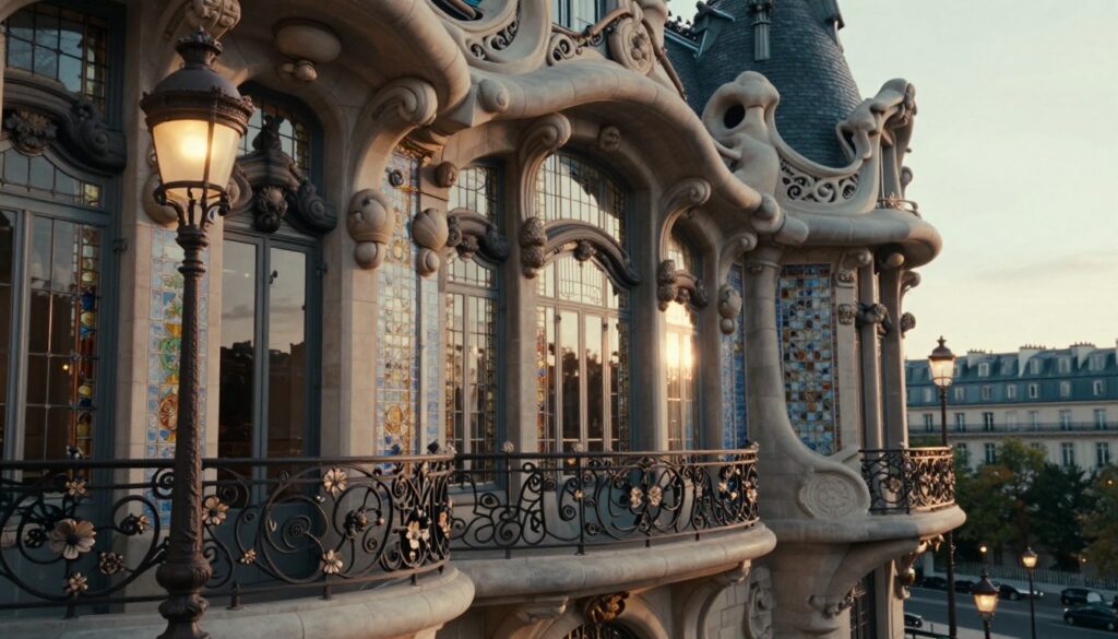 A captivating view of Art Nouveau architecture in Paris, showcasing intricate ornamental details and organic forms typical of this style. In the foreground, a delicate wrought-iron balcony adorned with floral motifs captures attention, while elegant street lamps emit a warm glow in the soft, cinematic lighting. The middle ground features a stunning building facade with curvilinear designs, large stained glass windows, and decorative tiles that reflect the sun's rays. In the background, the Parisian skyline is gently blurred, adding depth to the scene. The image should exude a timeless, romantic atmosphere, inviting viewers to marvel at the architectural beauty in 8k resolution, with highly detailed textures and rich colors that highlight the artistry of this historical era.