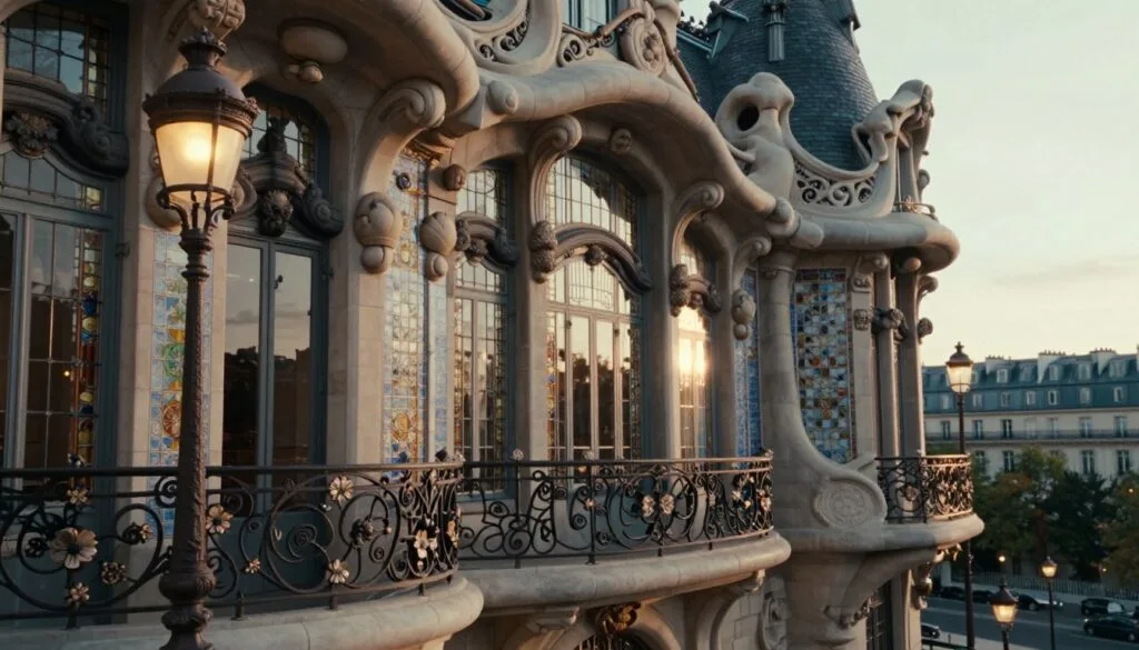 Parisdəki Art Nouveau memarlığının valehedici mənzərəsi, bu üsluba xas olan mürəkkəb bəzək detallarını və üzvi formaları nümayiş etdirir. Ön planda çiçək motivləri ilə bəzədilmiş zərif dəmir balkon diqqəti cəlb edir, zərif küçə lampaları isə yumşaq, kinematoqrafik işıqlandırmada isti bir parıltı yayır. Orta planda əyri xəttli dizaynlar, böyük vitraj pəncərələr və günəş şüalarını əks etdirən dekorativ plitələr olan möhtəşəm bina fasadı var. Arxa planda Paris üfüq xətti yumşaq bir şəkildə bulanıqlaşdırılır və səhnəyə dərinlik qatır. Təsvir zamansız, romantik bir atmosfer yaymalı, izləyiciləri bu tarixi dövrün sənətkarlığını vurğulayan yüksək detallı teksturalar və zəngin rənglərlə 8k çözünürlükdə memarlıq gözəlliyinə heyran olmağa dəvət etməlidir. Parisdəki Art Nouveau memarlığının valehedici mənzərəsi, bu üsluba xas olan mürəkkəb bəzək detallarını və üzvi formaları nümayiş etdirir. Ön planda çiçək motivləri ilə bəzədilmiş zərif dəmir balkon diqqəti cəlb edir, zərif küçə lampaları isə yumşaq, kinematoqrafik işıqlandırmada isti bir parıltı yayır. Orta planda əyri xəttli dizaynlar, böyük vitraj pəncərələr və günəş şüalarını əks etdirən dekorativ plitələr olan möhtəşəm bina fasadı var. Arxa planda Paris üfüq xətti yumşaq bir şəkildə bulanıqlaşdırılır və səhnəyə dərinlik qatır. Təsvir zamansız, romantik bir atmosfer yaymalı, izləyiciləri bu tarixi dövrün sənətkarlığını vurğulayan yüksək detallı teksturalar və zəngin rənglərlə 8k çözünürlükdə memarlıq gözəlliyinə heyran olmağa dəvət etməlidir.