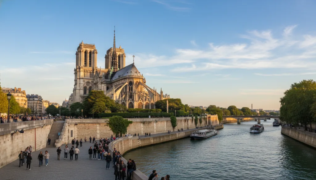 Une vue captivante de la cathédrale Notre-Dame sur l'Île de la Cité, avec son architecture gothique emblématique, ses sculptures de pierre finement détaillées et ses arcs-boutants au premier plan. La scène capture la grandeur de la cathédrale sous une douce lumière dorée de fin d'après-midi, sublimant les détails complexes de sa façade. Au centre, des personnes de tous âges, vêtues de façon décontractée mais pudique, flânent le long de la Seine, insufflant une atmosphère vivante. À l'arrière-plan, un ciel d'un bleu limpide parsemé de nuages ​​vaporeux et la végétation luxuriante qui entoure l'île créent une ambiance sereine et accueillante. La perspective, légèrement oblique par rapport à la rive, souligne à la fois la beauté de la cathédrale et le dynamisme de l'île, évoquant un sentiment de découverte et le charme de Paris.