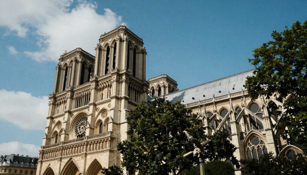 A captivating view of Notre-Dame Cathedral's iconic architecture, showcasing its intricate Gothic details with flying buttresses and ornate gargoyles in the foreground. The middle ground features the grand façade, illuminated by soft, golden sunlight, enhancing the depth of the stone carvings. In the background, a clear blue sky with soft white clouds adds a serene atmosphere. The image is captured at a low angle to emphasize the cathedral's towering spires, creating a dramatic perspective. The scene is enriched by lush green trees framing the cathedral, evoking a sense of history and charm. The lighting is cinematic, highlighting the textures of the aged stonework, and the image should be in crisp 8k resolution for a stunningly detailed portrayal.