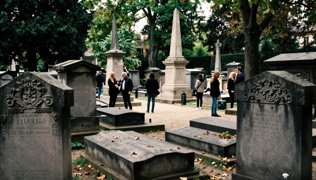 A captivating view of Pere Lachaise Cemetery in Paris, showcasing its famous graves. In the foreground, intricately carved tombstones with elaborate motifs and aged textures, some adorned with fallen leaves. The middle ground features iconic monuments, like Jim Morrison’s grave, surrounded by small groups of tourists in modest casual clothing, observing reverently. The background highlights the lush greenery of the cemetery, with towering trees filtering soft, diffused sunlight that creates a serene and contemplative atmosphere. The scene captures the blend of history and intrigue, evoking a sense of wonder. The image is a raw photograph with cinematic lighting, emphasizing the details in 8k resolution to bring out every texture and shadow.