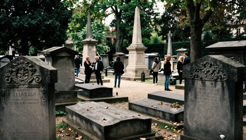 Μια σαγηνευτική θέα του Κοιμητηρίου Pere Lachaise στο Παρίσι, που παρουσιάζει τους διάσημους τάφους του. Στο πρώτο πλάνο, περίτεχνα σκαλισμένες επιτύμβιες στήλες με περίτεχνα μοτίβα και παλαιωμένες υφές, μερικές στολισμένες με πεσμένα φύλλα. Το μεσαίο επίπεδο διαθέτει εμβληματικά μνημεία, όπως ο τάφος του Τζιμ Μόρισον, περιτριγυρισμένα από μικρές ομάδες τουριστών με σεμνά, καθημερινά ρούχα, που παρατηρούν με ευλάβεια. Το φόντο αναδεικνύει την πλούσια βλάστηση του νεκροταφείου, με πανύψηλα δέντρα να φιλτράρουν το απαλό, διάχυτο ηλιακό φως που δημιουργεί μια γαλήνια και στοχαστική ατμόσφαιρα. Η σκηνή αποτυπώνει το μείγμα ιστορίας και ίντριγκας, προκαλώντας μια αίσθηση θαυμασμού. Η εικόνα είναι μια ακατέργαστη φωτογραφία με κινηματογραφικό φωτισμό, που δίνει έμφαση στις λεπτομέρειες σε ανάλυση 8k για να αναδείξει κάθε υφή και σκιά.