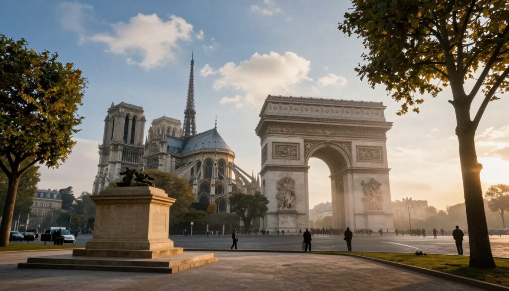 A captivating view of WWII landmarks in Paris, featuring the Arc de Triomphe partially shrouded in morning mist, symbolizing resilience and remembrance. In the foreground, a polished stone memorial with intricate engravings commemorates fallen soldiers. The middle ground showcases the iconic Notre-Dame Cathedral, with its resilient architecture bathed in soft, golden hour lighting, creating a solemn yet hopeful atmosphere. Towering trees line the pathways, their leaves gently illuminated by the sun, suggesting serenity amidst the historical gravity. In the background, the faint silhouette of the Eiffel Tower stands against a blue sky dotted with fluffy clouds, providing balance and perspective. Captured in high-resolution 8k, with rich textures and cinematic lighting to evoke an emotional journey through history.