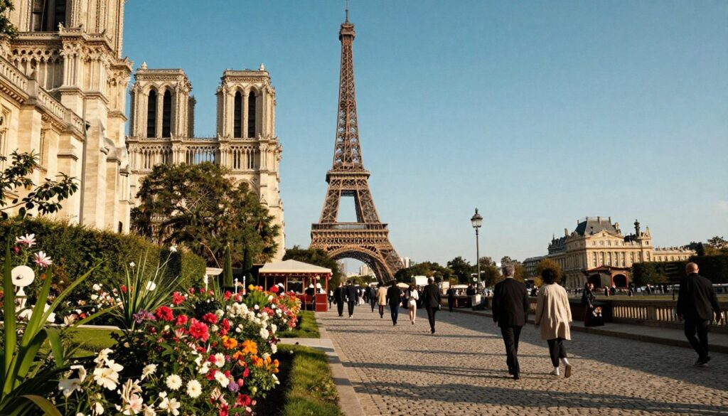 A captivating view of historic landmarks in Paris, featuring the majestic Eiffel Tower, the intricate architecture of Notre-Dame Cathedral, and the grand Palace of Versailles in the distance. In the foreground, vibrant gardens with blooming flowers and lush greenery create a lush contrast against the stone structures. The middle ground showcases bustling Parisians in professional attire, strolling along the cobblestone streets, with charming cafes lining the avenues. The background is filled with a clear blue sky, illuminated by warm, golden sunlight that casts soft shadows, enhancing the textures of the aged stone and decorative details. The scene captures a serene yet vibrant atmosphere, evoking the rich history and architectural wonders of Paris. The image is rendered in highly detailed 8k resolution, with cinematic lighting that brings out the beauty of each landmark.