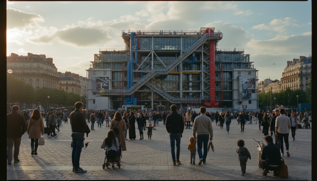 A captivating view of the Centre Pompidou in Paris, showcasing its iconic architecture. In the foreground, include the vibrant urban plaza bustling with art enthusiasts and families, dressed in casual, modest attire. The middle ground features the striking exterior of the Centre Pompidou, highlighted by its colorful industrial design and exposed structural elements. The background captures the Parisian skyline, with soft clouds and a hint of sunlight casting a warm glow over the city. Use a dynamic angle to emphasize the modern art museum's unique façade against the classic Parisian architecture. The image should be rendered in 8k resolution with rich, detailed textures and cinematic lighting that creates an inviting atmosphere, embodying the spirit of modern art in a lively city.