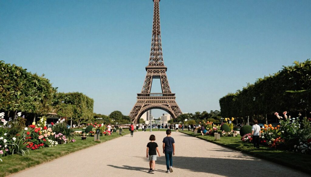 A captivating view of the Eiffel Tower from the Trocadéro Gardens, framed beautifully in the foreground with lush, manicured garden greenery and blooming flowers that add vibrant colors. In the middle ground, a wide pathway extends towards the iconic structure, inviting visitors to stroll and enjoy the scene. The Eiffel Tower stands majestically in the background, reaching into a clear blue sky. Soft, cinematic lighting enhances the details of the tower’s iron lattice, while gentle sunlight casts playful shadows on the ground. The atmosphere is lively yet serene, perfect for families creating memories together. The image should evoke a sense of wonder, joy, and the beauty of iconic Parisian views, rendered in stunning 8k resolution with highly detailed textures.