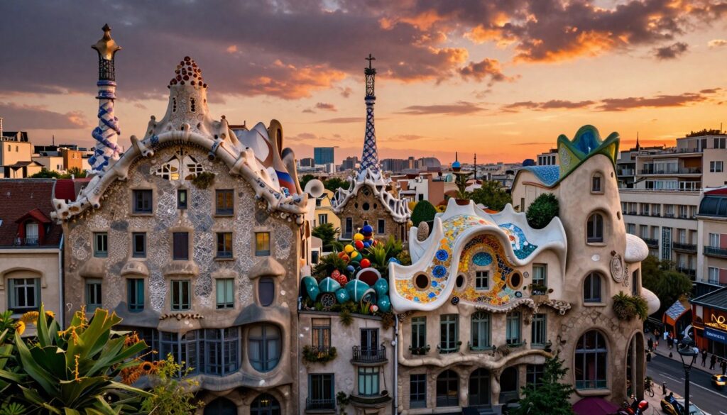 A captivating view of unusual architecture in Paris, featuring a blend of surreal shapes and intricate facades. In the foreground, a quirky building with spiraling towers and asymmetrical windows stands out, framed by vibrant plants and charming street details. The middle layer includes whimsical structures, with flowing lines and colorful mosaics, showcasing the creativity of urban design. In the background, the iconic Parisian skyline merges with bizarre, modernist buildings under a dramatic sunset sky. The lighting is warm and cinematic, enhancing the rich textures of the buildings, while a low-angle perspective captures the grandeur of these architectural marvels. The atmosphere is whimsical and enchanting, inviting viewers to explore the wonders of Paris. Highly detailed, 8k resolution for a stunning visual impact.