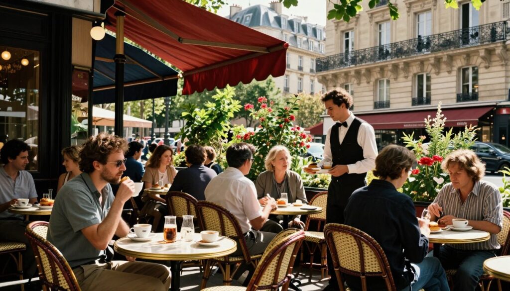 A charming Paris café terrace bustling with life during a sunny afternoon. In the foreground, intricately designed bistro tables and chairs are set under colorful awnings, where patrons in modest casual clothing enjoy coffee and pastries while engaging in animated conversation. The middle ground showcases delicate greenery and flowering plants adding vibrancy to the scene, with a waiter in smart attire serving drinks. In the background, iconic Parisian architecture, including ornate balconies and quaint buildings, complements the atmosphere. Soft, cinematic lighting enhances the warmth and allure of the moment, with sunlight filtering through leaves, casting gentle shadows. The image captures the essence of dining al fresco in Paris, focusing on highly detailed textures and a lively, inviting ambiance, in stunning 8k resolution. A charming Paris café terrace bustling with life during a sunny afternoon. In the foreground, intricately designed bistro tables and chairs are set under colorful awnings, where patrons in modest casual clothing enjoy coffee and pastries while engaging in animated conversation. The middle ground showcases delicate greenery and flowering plants adding vibrancy to the scene, with a waiter in smart attire serving drinks. In the background, iconic Parisian architecture, including ornate balconies and quaint buildings, complements the atmosphere. Soft, cinematic lighting enhances the warmth and allure of the moment, with sunlight filtering through leaves, casting gentle shadows. The image captures the essence of dining al fresco in Paris, focusing on highly detailed textures and a lively, inviting ambiance, in stunning 8k resolution.