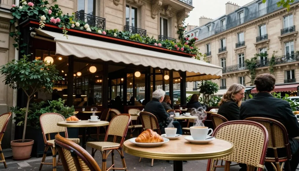 Una encantadora cafetería parisina presenta acogedoras terrazas con pintorescas mesas redondas y sillas de mimbre. En primer plano, una rústica mesa de madera adornada con croissants y humeantes tazas de café invita a disfrutar de la mañana. En el plano medio, una vibrante cafetería con elegantes toldos, rodeada de exuberantes plantas en macetas y luces suaves y brillantes que crean un ambiente cálido. Al fondo, la icónica arquitectura parisina, con intrincados balcones de hierro forjado y una exuberante hiedra en flor que trepa por las paredes, evoca un clásico estilo francés. La imagen está capturada con una iluminación suave y cinematográfica, que realza las texturas del exterior de la cafetería y la acogedora calidez del café. El ángulo ofrece una vista que sumerge al espectador en este sereno momento parisino, con una impresionante resolución de 8k.