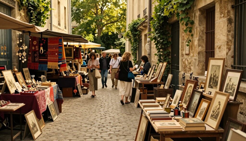 A charming Parisian flea market set in a cobblestone street, overflowing with vibrant vintage goods and eclectic treasures. In the foreground, an array of antique books and art pieces displayed on wooden tables, inviting browsing. To the left, a small stall with colorful textiles and handmade jewelry, their textures accentuated by soft, warm daylight. In the middle background, local shoppers casually exploring, dressed in stylish yet modest attire, creating a lively atmosphere. Old stone buildings with ivy climbing their walls frame the scene, with lush green trees peeking through the alleyways. The composition features warm golden hour lighting, enhancing the rich colors and intricate details. Shot with a 50mm lens for a soft depth of field, capturing the essence of Paris's hidden treasures in 8k resolution, conveying a sense of discovery and nostalgia.