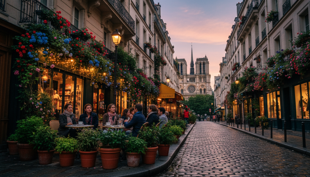 A charming Parisian neighborhood brimming with character, featuring cobblestone streets lined with quaint cafés and boutique shops. In the foreground, a small outdoor terrace with patrons enjoying coffee, surrounded by lush potted plants. The middle ground showcases a classic Parisian building with wrought-iron balconies adorned with colorful flowers. In the background, the iconic silhouette of a distant church steeple rises against a soft, pastel-colored sunset sky. The scene is captured in cinematic lighting, emphasizing the intricate textures of the architecture and the warmth of the atmosphere. Shot from a low angle to highlight the charming street life, ensuring the image radiates a cozy, inviting mood. Highly detailed textures, 8k resolution.