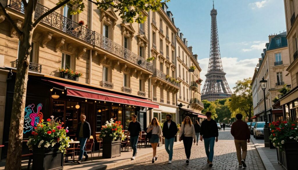 A charming Parisian neighborhood scene capturing leisurely walks through cobblestone streets lined with quaint cafes and boutique shops. In the foreground, a diverse group of casually dressed pedestrians strolls past blooming flower boxes and vibrant street art. The middle ground features intricate Haussmann-style architecture with wrought-iron balconies and leafy trees, creating a cozy atmosphere. In the background, the majestic silhouette of the Eiffel Tower rises against a clear blue sky. The scene is bathed in warm, cinematic lighting during the golden hour, accentuating the textures of the buildings and the lively ambiance of the streets. The photograph is highly detailed, rendered in 8k resolution, evoking a sense of discovery and the joy of exploration in the heart of Paris. A charming Parisian neighborhood scene capturing leisurely walks through cobblestone streets lined with quaint cafes and boutique shops. In the foreground, a diverse group of casually dressed pedestrians strolls past blooming flower boxes and vibrant street art. The middle ground features intricate Haussmann-style architecture with wrought-iron balconies and leafy trees, creating a cozy atmosphere. In the background, the majestic silhouette of the Eiffel Tower rises against a clear blue sky. The scene is bathed in warm, cinematic lighting during the golden hour, accentuating the textures of the buildings and the lively ambiance of the streets. The photograph is highly detailed, rendered in 8k resolution, evoking a sense of discovery and the joy of exploration in the heart of Paris.