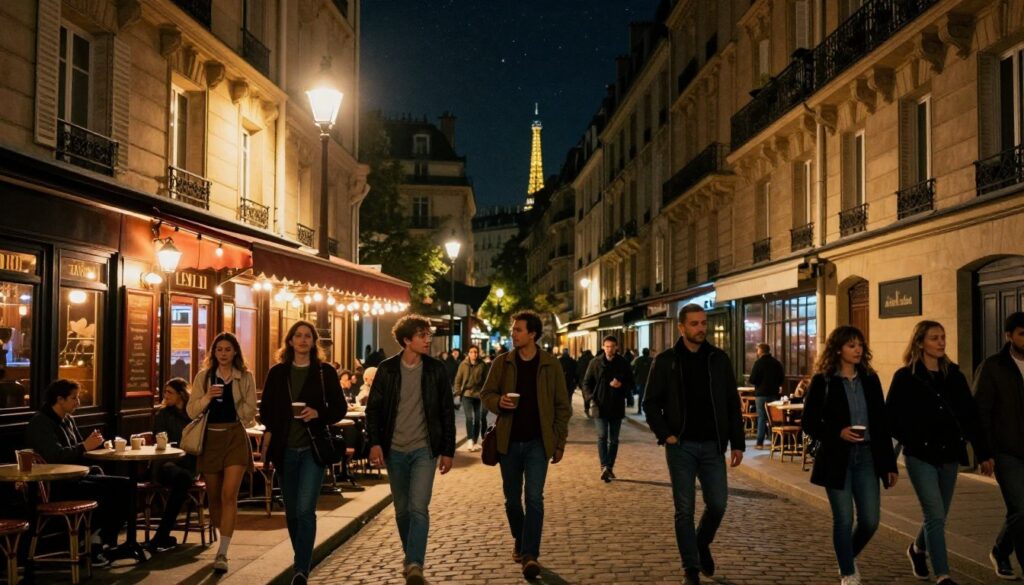 A charming Parisian night scene featuring a bustling neighborhood stroll. In the foreground, people of diverse backgrounds dressed in casual yet stylish clothing walking leisurely along cobblestone streets, some stopping to chat, others sipping coffee from outdoor cafés. The middle ground includes quaint bistros with warm, inviting lights spilling from their windows, illuminated outdoor seating, and street lamps casting a soft glow. The background showcases iconic Parisian architecture under a starlit sky, with hints of the Eiffel Tower peeking above the rooftops. The overall atmosphere is lively and romantic, capturing the essence of Paris at night. The image is highly detailed, with textures rich and vivid, shot in 8k resolution, using dynamic angles to emphasize depth and cinematic lighting that enhances the enchanting warmth of the scene.