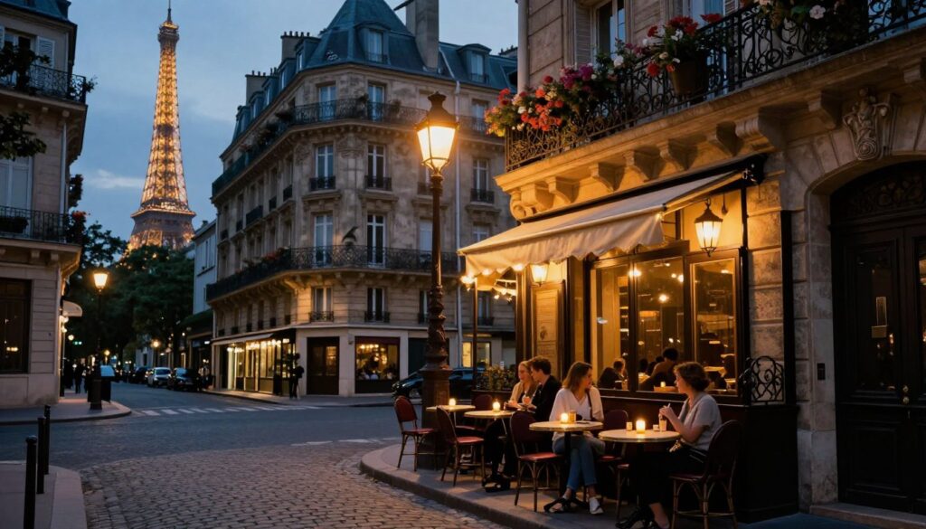 A charming Parisian street at dusk, showcasing the timeless beauty of the city. In the foreground, a cobblestone path leads past a quaint café with small round tables and flickering candles. Patrons in stylish casual attire enjoy their drinks, adding life to the scene. The middle ground features iconic wrought-iron lampposts glowing warmly, illuminating the historic architecture of nearby buildings, adorned with flowering balconies. In the background, the Eiffel Tower rises gracefully against a twilight sky, its silhouette illuminated gently. The mood is romantic and nostalgic, with soft, cinematic lighting enhancing the overall atmosphere. Capture highly detailed textures, including the weathered stone of the buildings and the inviting ambiance of the café, in stunning 8k resolution, showcasing the magic of Paris's timeless charm.