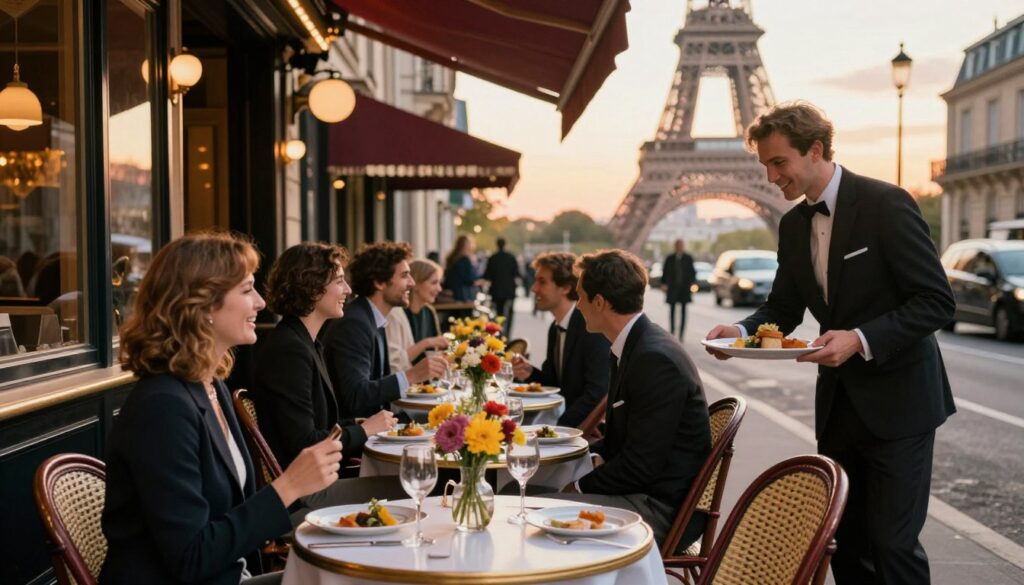 A charming Parisian street filled with delightful dining experiences, showcasing a variety of stylish restaurants with outdoor seating. In the foreground, a beautifully set table adorned with elegant dishware and vibrant flowers, suggesting an intimate dining atmosphere. The middle space features diners in smart casual attire enjoying their meals, capturing laughter and conversation, while waitstaff elegantly serve dishes. The background reveals iconic Parisian architecture, with the Eiffel Tower faintly visible in the distance, bathed in warm, golden sunset lighting. The image should have a soft bokeh effect, enhancing the focus on the dining experience. Overall, evoke a luxurious, inviting mood, with highly detailed textures and colors, captured in an 8k resolution raw photograph style.