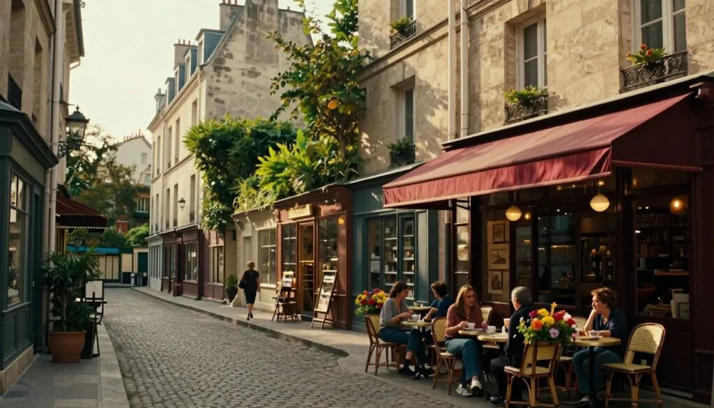 Une charmante scène de rue parisienne dévoilant des trésors cachés dans des quartiers moins connus. Au premier plan, un café pittoresque avec terrasse, tables ornées de fleurs colorées et clients décontractés savourant leur café en discutant. Au second plan, d'étroites rues pavées bordées de boutiques vintage, d'ateliers d'artisans et de petites galeries, invitant à la découverte. À l'arrière-plan, l'architecture parisienne classique, avec sa végétation luxuriante entrelacée entre les bâtiments, crée une atmosphère paisible. La lumière douce et chaude, évoquant le crépuscule, illumine les textures des façades de pierre et les auvents colorés. La composition crée une impression d'intimité et de charme, invitant le spectateur à explorer les trésors cachés des quartiers parisiens. Qualité photographique brute, éclairage cinématographique, textures très détaillées, résolution 8K. Une charmante scène de rue parisienne dévoilant des trésors cachés dans des quartiers moins connus. Au premier plan, un café pittoresque avec terrasse, tables ornées de fleurs colorées et clients décontractés savourant leur café en discutant. Au second plan, d'étroites rues pavées bordées de boutiques vintage, d'ateliers d'artisans et de petites galeries, invitant à la découverte. À l'arrière-plan, l'architecture parisienne classique, avec sa végétation luxuriante entrelacée entre les bâtiments, crée une atmosphère paisible. La lumière douce et chaude, évoquant le crépuscule, illumine les textures des façades de pierre et les auvents colorés. La composition crée une impression d'intimité et de charme, invitant le spectateur à explorer les trésors cachés des quartiers parisiens. Qualité photographique brute, éclairage cinématographique, textures très détaillées, résolution 8K.