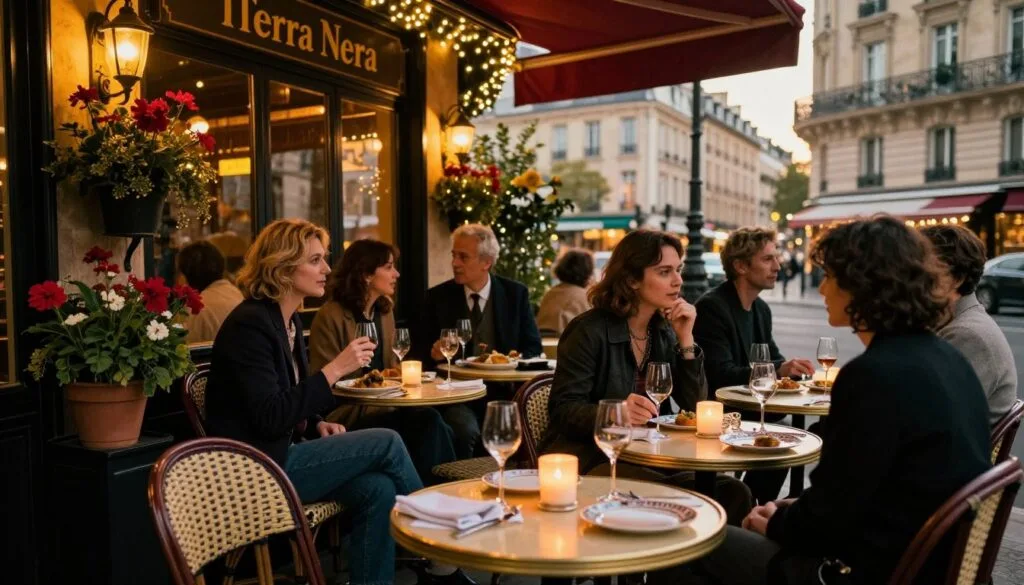 Una encantadora terraza de bistró en París, llamada "Terra Nera", adornada con luces de colores brillantes y vibrantes macetas con flores. En primer plano, pequeñas mesas redondas con elegante vajilla, servilletas de tela y velas titilantes crean un ambiente cálido y acogedor. En el centro, los clientes, vestidos con ropa elegante pero informal, conversan animadamente, disfrutando de platos gourmet y degustando un buen vino. Al fondo, una pintoresca calle parisina con edificios clásicos de estilo Haussmann, cuyas fachadas se iluminan con la suave luz del amanecer. La escena está capturada con un enfoque en la riqueza de texturas, desde las mesas de madera hasta los platos de intrincado diseño, utilizando un efecto de iluminación cinematográfico que realza el ambiente íntimo y romántico. Filmada en resolución 8k para un detalle impresionante.
