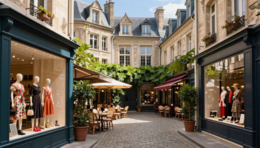 A charming courtyard in Le Marais, capturing the essence of boutique culture and stunning architecture. In the foreground, elegant display windows showcase fashionable clothing and unique accessories, with a cobblestone path leading deeper into the scene. The middle ground features quaint cafes with outdoor seating, surrounded by lush greenery, creating an inviting atmosphere. In the background, historic buildings with intricate facades rise under a clear blue sky, with soft sunlight casting playful shadows. The image should use a 35mm fast prime lens, emphasizing details and enhancing depth of field. The overall mood is vibrant and lively, evoking a sense of discovery and charm typical of Parisian hidden gems, with an undertone of rich history and artistry. No human figures are present.