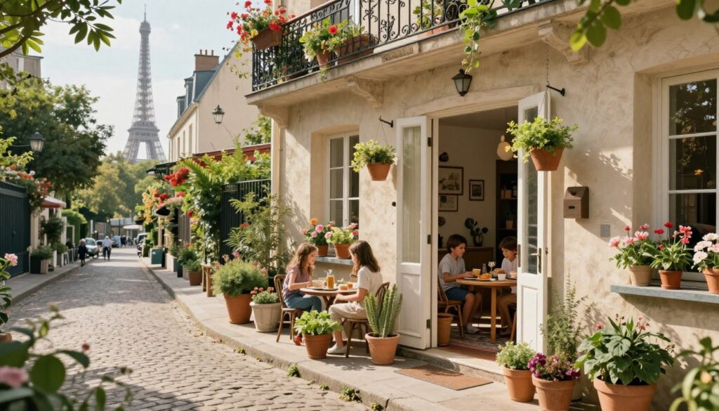 A charming family home nestled in a picturesque Paris neighborhood, showcasing a quaint, cobblestone street lined with blooming flowers and greenery. In the foreground, a welcoming door adorned with hanging planters opens to reveal a cozy living space filled with vibrant family décor. The middle of the scene features a sunlit balcony with a family enjoying breakfast, surrounded by potted herbs and views of iconic Parisian architecture. In the background, a serene glimpse of the Eiffel Tower and tree-lined streets complete the urban landscape. The image should evoke warmth and comfort, illuminated by soft, cinematic lighting, captured in 8k resolution with highly detailed textures, emphasizing the sense of community and family living in Paris.