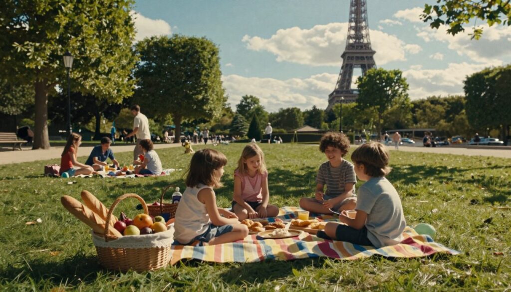 A charming picnic scene set in a picturesque Paris park, featuring a colorful blanket spread on the grass surrounded by playful children in casual clothing. In the foreground, a basket brimming with fresh baguettes, fruits, and pastries invites a relaxed atmosphere. The middle ground showcases families enjoying their meals, engaging in games, and sharing laughter. Lush green trees frame the area, and in the background, iconic Parisian landmarks like the Eiffel Tower can be subtly seen under a bright blue sky with soft, fluffy clouds. The scene is illuminated by warm, golden sunlight casting gentle shadows, evoking a joyful, serene mood. Capture this in a raw photograph style with cinematic lighting and highly detailed textures, suitable for 8k resolution.