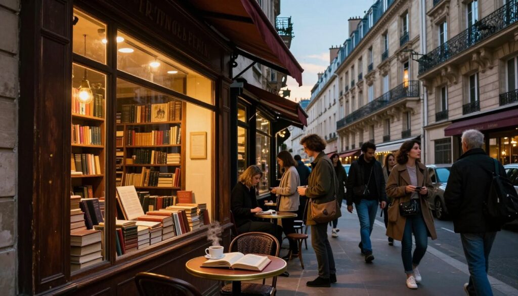 A charming scene of historic bookshops in Paris, featuring quaint, narrow streets lined with vintage storefronts. In the foreground, a cozy bookshop with large, wooden windows showcasing stacks of antique books, illuminated by warm, golden lighting. A small, inviting café table with an open book and a steaming coffee cup sits beside the shop. In the middle ground, a diverse group of people browsing the shops, dressed in stylish, modest clothing, showcasing a blend of contemporary and vintage fashion. The background features the iconic Parisian architecture, with detailed, ornate buildings under a gentle blue sky at sunset. The atmosphere is warm and inviting, evoking a sense of nostalgia and discovery. Captured in a raw photograph style with highly detailed textures and cinematic lighting, 8k resolution.
