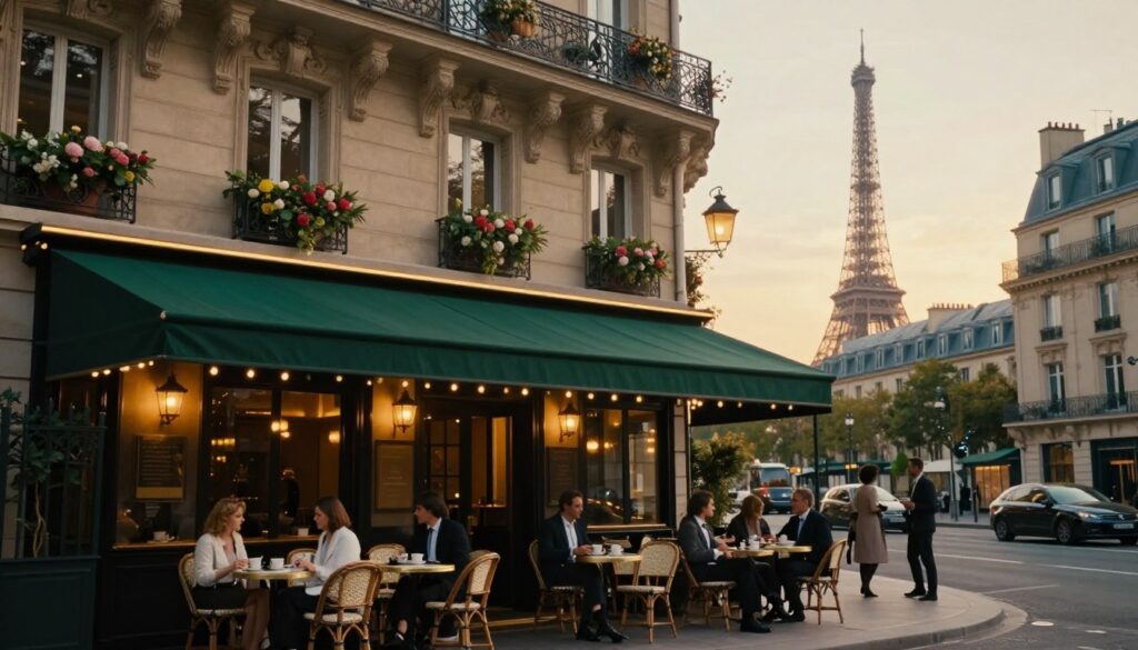 A charming street scene featuring a boutique hotel in Paris, showcasing intricate architectural details and stylish balconies adorned with floral arrangements. In the foreground, a cozy outdoor café with elegant tables and chairs invites visitors to relax, while friendly patrons in professional attire enjoy their coffee. The middle layer captures the boutique hotel’s inviting entrance, complete with a lush green awning and softly glowing lanterns, exuding warmth. In the background, iconic Parisian rooftops and the silhouette of the Eiffel Tower bathed in golden hour light create a romantic atmosphere. The image should be rendered in 8k resolution with cinematic lighting, highlighting highly detailed textures and deep shadows to enhance the mood of modern luxury intertwined with classic Parisian charm. A charming street scene featuring a boutique hotel in Paris, showcasing intricate architectural details and stylish balconies adorned with floral arrangements. In the foreground, a cozy outdoor café with elegant tables and chairs invites visitors to relax, while friendly patrons in professional attire enjoy their coffee. The middle layer captures the boutique hotel’s inviting entrance, complete with a lush green awning and softly glowing lanterns, exuding warmth. In the background, iconic Parisian rooftops and the silhouette of the Eiffel Tower bathed in golden hour light create a romantic atmosphere. The image should be rendered in 8k resolution with cinematic lighting, highlighting highly detailed textures and deep shadows to enhance the mood of modern luxury intertwined with classic Parisian charm.