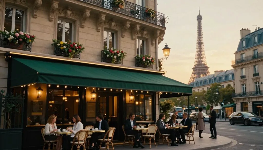 Une charmante scène de rue parisienne met en scène un hôtel de charme, révélant des détails architecturaux raffinés et d'élégants balcons ornés de compositions florales. Au premier plan, une terrasse de café accueillante, avec ses tables et chaises élégantes, invite à la détente, tandis que des clients affables, en tenue professionnelle, savourent leur café. Au second plan, l'entrée chaleureuse de l'hôtel se dévoile, avec son auvent verdoyant et ses lanternes à la douce lueur. À l'arrière-plan, les toits parisiens emblématiques et la silhouette de la Tour Eiffel, baignée par la lumière dorée du crépuscule, créent une atmosphère romantique. L'image devrait être rendue en résolution 8K avec un éclairage cinématographique, mettant en valeur les textures très détaillées et les ombres profondes pour sublimer cette impression de luxe moderne mêlé au charme parisien classique.