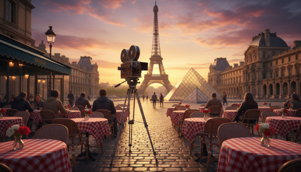 A cinematic view of iconic Paris filming locations that captures the essence of culture and cinema. In the foreground, a charming cobblestone street lined with classic Parisian cafes, their tables adorned with small vases of flowers. In the middle ground, the majestic silhouette of the Eiffel Tower rises against a vibrant sunset sky, while an old-fashioned movie camera tripod is set up, hinting at a film being shot. The background features the intricate architecture of the Louvre with its glass pyramid, bathed in warm golden light, as soft shadows play across the scene. The atmosphere is dreamy and nostalgic, reminiscent of a classic French film, with a cinematic depth of field effect that softly blurs the surroundings. A cinematic view of iconic Paris filming locations that captures the essence of culture and cinema. In the foreground, a charming cobblestone street lined with classic Parisian cafes, their tables adorned with small vases of flowers. In the middle ground, the majestic silhouette of the Eiffel Tower rises against a vibrant sunset sky, while an old-fashioned movie camera tripod is set up, hinting at a film being shot. The background features the intricate architecture of the Louvre with its glass pyramid, bathed in warm golden light, as soft shadows play across the scene. The atmosphere is dreamy and nostalgic, reminiscent of a classic French film, with a cinematic depth of field effect that softly blurs the surroundings.