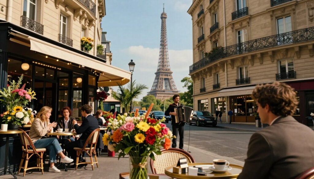 A close-up view of a charming Parisian street, showcasing local attractions such as quaint cafés with outdoor seating, flower shops bursting with color, and the iconic wrought-iron balconies of classic Haussmannian buildings. In the foreground, a beautifully arranged flower bouquet in vibrant hues captures attention, while patrons in smart casual attire enjoy coffee at a nearby café, engaged in conversation. The middle ground features a street musician playing an accordion, with an air of artistic flair. The background reveals the majestic outline of the Eiffel Tower against a clear blue sky. The scene is bathed in warm, golden hour lighting, creating a nostalgic and inviting atmosphere. Shot with a wide-angle lens to capture the fullness of the street scene, detailed textures enhance the vibrancy of Parisian life. 8k resolution.
