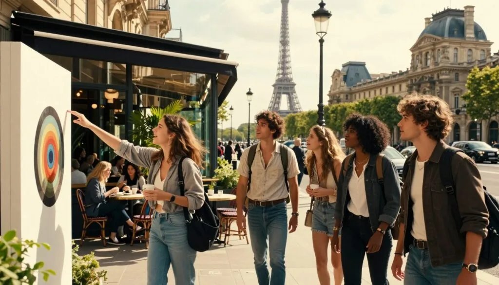 Une aventure parisienne contemporaine, au cœur des rues animées de Paris. Au premier plan, un groupe d'amis aux profils variés, vêtus de tenues décontractées et élégantes, explorent la ville avec joie. Ils contemplent une installation d'art moderne, leurs visages empreints de curiosité et d'enthousiasme. Au second plan, un café chic aux façades de verre et à la végétation luxuriante crée une atmosphère accueillante, où les Parisiens savourent leur café en terrasse. En arrière-plan, on aperçoit des monuments emblématiques de Paris, tels que le Louvre et la Tour Eiffel, mêlant harmonieusement tradition et modernité. La scène est baignée d'une douce lumière dorée de fin d'après-midi, capturant l'essence même d'une ville vibrante et artistique. Filmée avec un objectif cinématographique, mettant en valeur des couleurs éclatantes et des textures complexes, et présentée en résolution 8K pour une netteté exceptionnelle, cette vidéo invite à l'aventure et à la découverte.