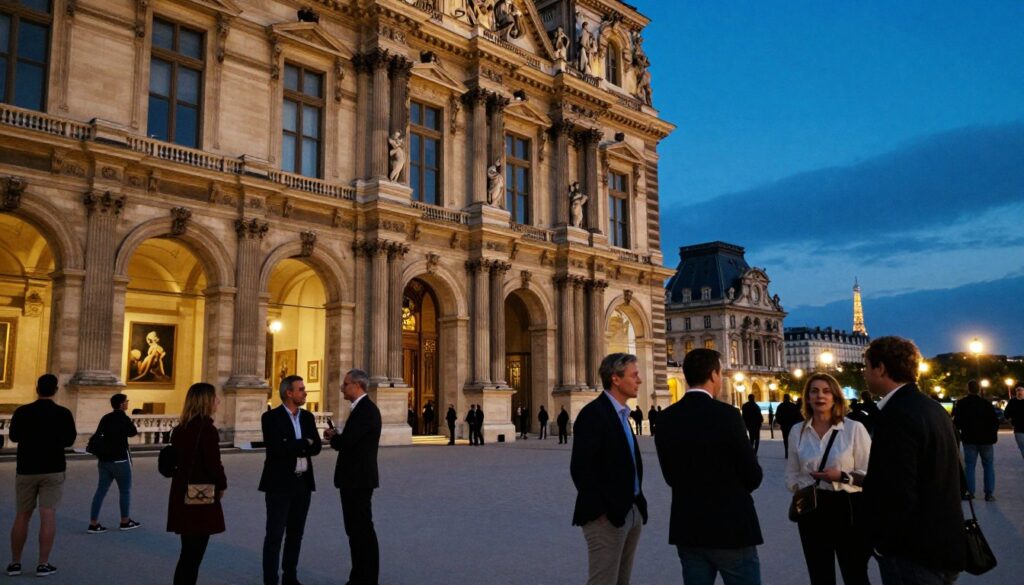 A cultural museum in Paris during the evening, showcasing the elegant architecture and soft golden lights illuminating the facade. In the foreground, a diverse group of visitors in professional business attire and modest casual clothing are engaged in conversation, admiring the art. The middle ground reveals intricate sculptures and a grand entrance, with people entering and exiting. The background features the silhouette of iconic Parisian buildings against a deep blue twilight sky, with hints of the Eiffel Tower in the distance. The scene is captured in raw photograph style, employing cinematic lighting that accentuates the textures of the museum’s exterior. Focused on creating a warm, inviting atmosphere, showcasing the blend of culture and social interaction in this vibrant city, presented in 8k resolution.