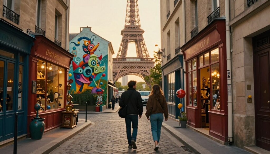 A curated walking tour through the quirky side of Paris, featuring a narrow, cobblestone street lined with colorful and odd storefronts. In the foreground, a casually dressed couple, clearly enjoying their exploration, stop to admire a whimsical art installation. The middle ground includes unique attractions like a vintage shop filled with peculiar antiques and a mural of a surreal creature on the wall. In the background, the Eiffel Tower looms slightly, its silhouette softened by golden, cinematic lighting during the golden hour. The scene is captured with a shallow depth of field to create an intimate atmosphere, highlighting the unusual charm of offbeat attractions in Paris. The image is highly detailed, with textures visible in the stone and paint, presented in stunning 8k resolution.