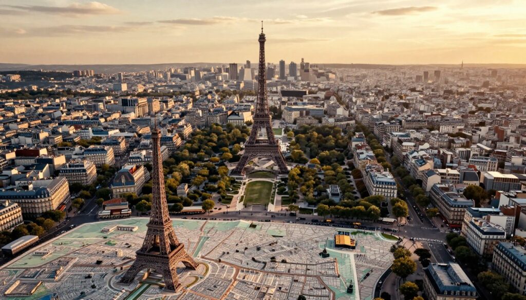 A detailed aerial view of Paris, showcasing the intricate layout of its arrondissements. The foreground features iconic landmarks like the Eiffel Tower and the Louvre, seamlessly integrated into a map-like design that illustrates the city’s structure. In the middle ground, tree-lined streets, bustling cafés, and historical buildings create an inviting atmosphere, reflecting the charm of local life. The background presents a warm sunset glow bathing the entire scene in soft, golden light, enhancing the textures of the varied architecture. The image should have a cinematic quality, captured with a wide-angle lens to emphasize the city's grandeur, and in 8k resolution to highlight every detail. The overall mood evokes a sense of exploration and appreciation for Parisian culture and history.