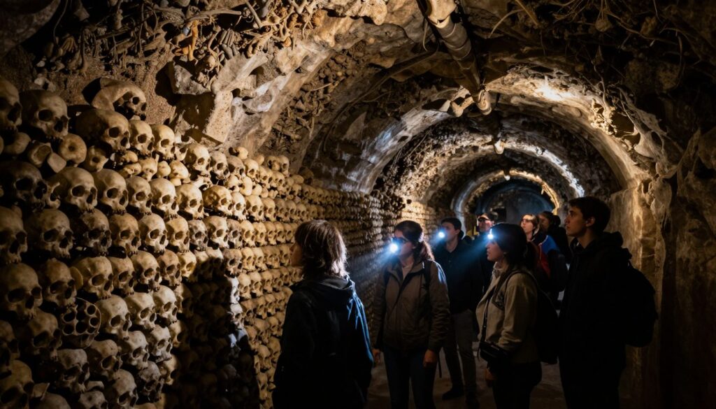 A dimly lit corridor of the Paris Catacombs, showcasing the intricate arrangement of human bones lining the walls, creating an eerie yet fascinating atmosphere. In the foreground, a group of tourists in modest casual clothing, equipped with flashlights, gazes in awe at the macabre artistry of the bone displays. The middle ground features stone arches and rock formations, with subtle shadows cast by flickering light. The background unveils deeper tunnels, vanishing into darkness, evoking a sense of mystery and adventure. The overall mood is atmospheric and surreal, enhanced by cinematic lighting that emphasizes textures and details. Raw photograph, highly detailed textures, 8k resolution, capturing the essence of exploration and the haunting beauty of this unique tourist attraction.