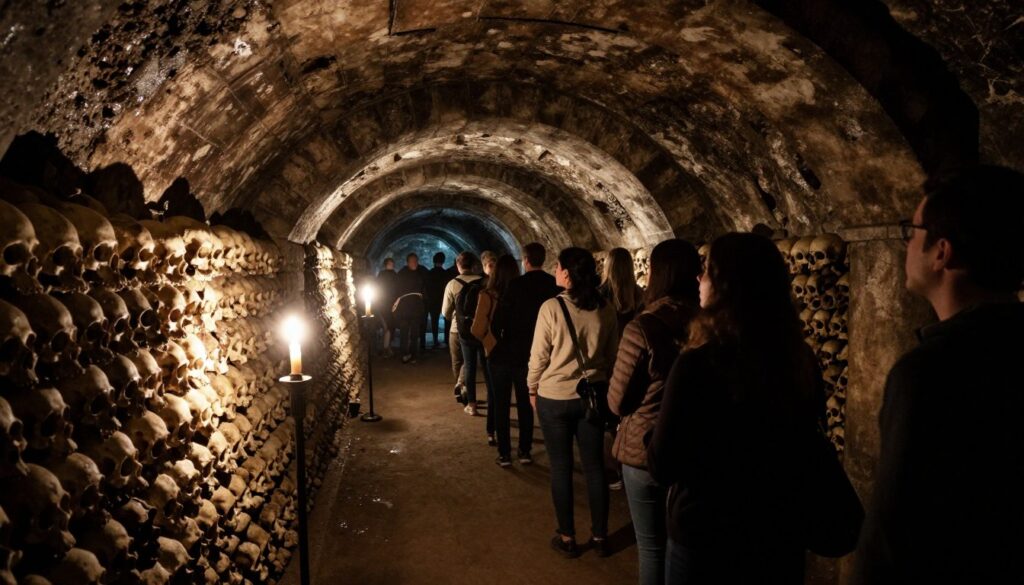 A dimly lit scene inside the Paris Catacombs during an underground tour. In the foreground, a group of visitors, dressed in modest casual clothing, gazes in awe at the intricately arranged human bones lining the damp stone walls. The middle ground reveals the winding pathways of the catacombs, illuminated by flickering candlelight casting long shadows, while ancient stone archways frame the passage. In the background, further depths of the tunnels stretch away, shrouded in an eerie darkness, inviting exploration. The atmosphere is mysterious yet intriguing, with a cinematic quality that highlights the textures of the weathered stone and bone, creating an immersive experience. Shot in 8k resolution to capture the fine details, emphasizing the macabre beauty of this hidden gem.
