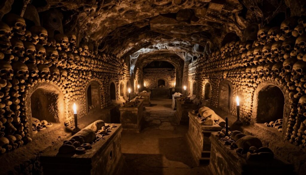 A dimly lit view of the Paris Catacombs, showcasing intricate stone walls adorned with human skulls and bones artfully arranged in patterns. In the foreground, shadowy niches hold remnants of history, while flickering torchlight creates a warm glow against the cool, damp stones. The middle layer features an eerie passageway with sepulchers lining the walls, inviting exploration into the depths below. In the background, the cavernous tunnels stretch into darkness, hinting at the vastness of the underground labyrinth. The atmosphere is haunting yet alluring, with a sense of mystery and reverent history. Use a slightly wide-angle lens to capture the expansive feel of the catacombs while emphasizing the intricate details.