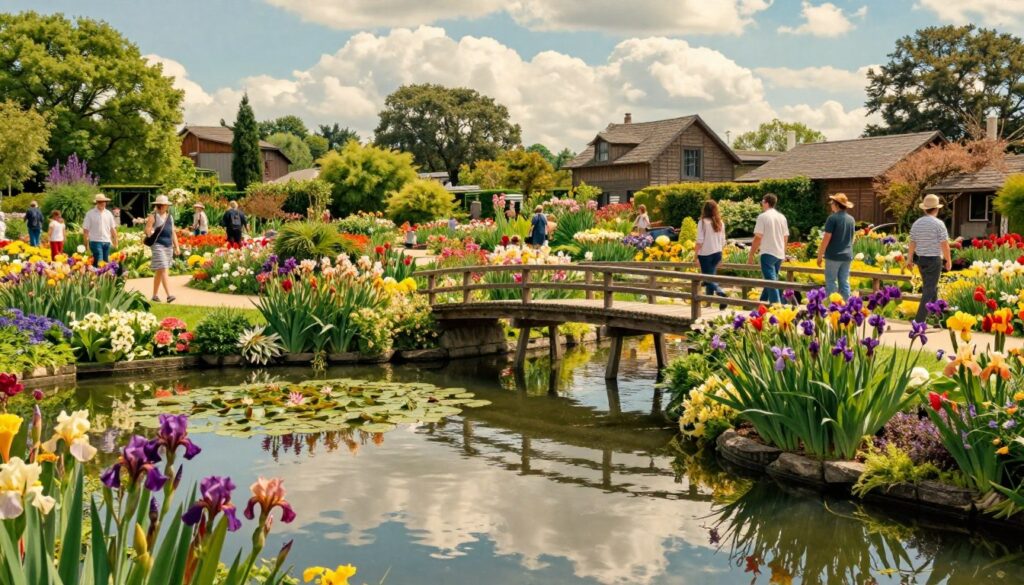 A dreamy day trip scene at Monet's Gardens in Giverny, France, showcasing vibrant, blooming flowers of various colors, including water lilies and irises, in a lush, serene garden setting. In the foreground, a gently flowing pond reflects the soft blue sky and fluffy white clouds, with a charming Japanese bridge arching gracefully over it. In the middle ground, diverse visitors wearing modest casual clothing stroll through the paths, immersed in the beauty of the gardens. The background reveals quaint wooden buildings and a flourish of greenery, enhancing the enchanting atmosphere. Capture the scene with a 35mm fast prime lens, utilizing natural sunlight to create vivid contrasts and a warm glow, evoking a sense of tranquility and inspiration.