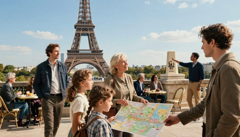 A family-friendly historical tour scene in Paris, featuring a diverse group of 4 to 6 individuals, including parents, children, and grandparents, strolling near the iconic Eiffel Tower. The foreground captures the family's engaged expressions as they examine a historical map. In the middle ground, several charming Parisian cafe tables with patrons enjoying pastries, and a skilled tour guide, dressed in a smart casual attire, gestures towards a notable WWII memorial. The background features classic Parisian architecture under a clear blue sky, with subtle sunlight casting warm, inviting tones. The image is cinematic, with highly detailed textures and vibrant colors, shot at an eye level angle, in 8k resolution, creating an immersive atmosphere reminiscent of discovery and learning.