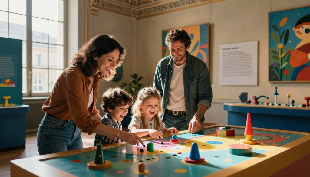 A family of four exploring interactive museum exhibits in Paris, centered around a colorful, hands-on science display. In the foreground, a mother and father, dressed in casual but stylish clothing, engage with their curious children, a boy and a girl, both giggling and pointing at the exhibit. The background features beautifully designed museum walls adorned with vibrant artworks and information panels. Natural sunlight streams through large windows, creating a warm and inviting atmosphere. Capture the scene with a wide-angle lens at eye level to highlight the family's joyful expressions and the dynamic exhibits. The image should be highly detailed, showcasing textures of the exhibits and the lively museum environment, in 8k resolution.