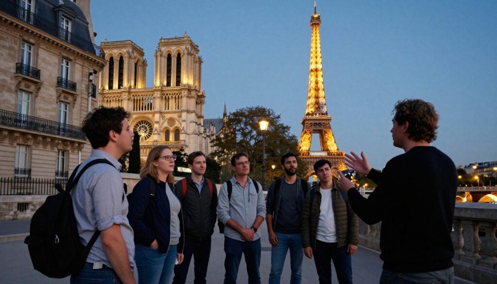 A guided tour of historical WWII sites in Paris, featuring a diverse group of tourists dressed in modest casual clothing, exploring significant landmarks like the Notre-Dame Cathedral and the Memorial de la Déportation. In the foreground, the tourists engage with a knowledgeable guide who is passionately explaining the history of each site. The middle ground showcases Parisian architecture with vintage-style buildings adorned with detailed textures, while the background captures the iconic Eiffel Tower illuminated against a twilight sky, casting warm cinematic lighting. The atmosphere is one of discovery and reflection, evoking the rich history and emotional resonance of World War II in a modern Parisian context. The image is in 8k resolution, emphasizing fine details and textures.