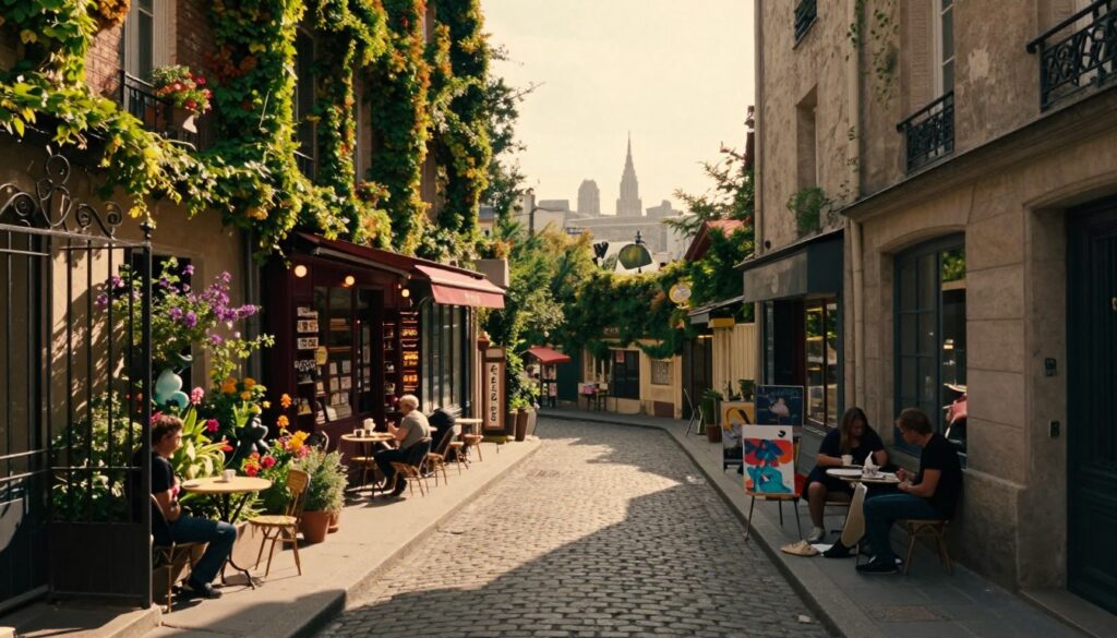 A hidden Parisian neighborhood, showcasing narrow cobblestone streets with vibrant, ivy-covered buildings, quaint cafés with patrons enjoying coffee, and local artists painting on the sidewalk. In the foreground, a small iron gate opens to a beautiful, secret garden filled with colorful flowers and sculptures. The middle ground reveals charming storefronts with unique merchandise, while the background features the silhouette of distant iconic landmarks peeking through the foliage. Soft, golden hour sunlight bathes the scene, casting long shadows and creating a warm, inviting atmosphere. The image captures a sense of adventure and discovery, inviting explorers to uncover the unique charm of Paris. Shot in raw photograph style with cinematic lighting, highly detailed textures, in 8k resolution.