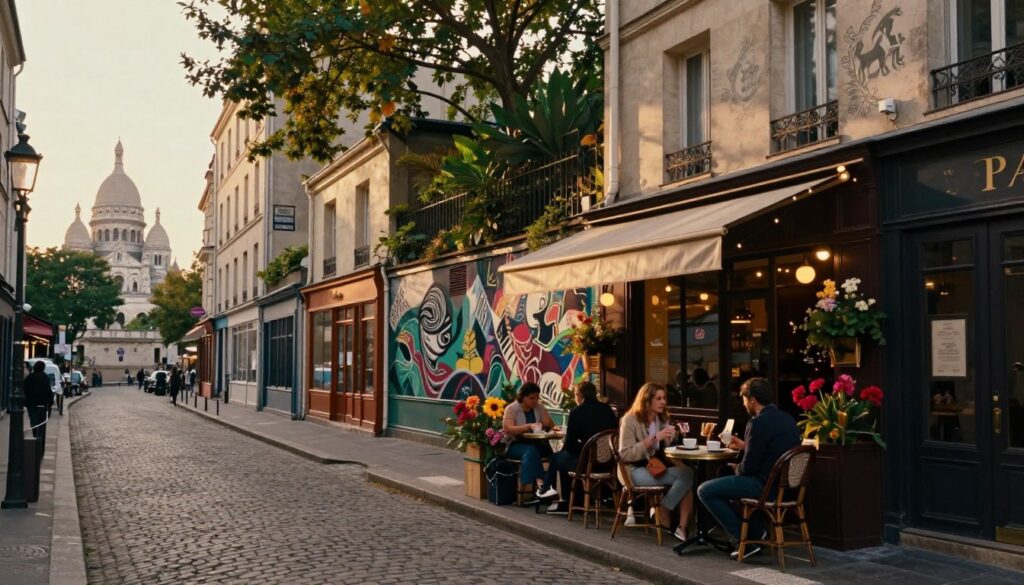 A hidden gem in Paris featuring a quaint, cobblestone street lined with charming boutiques and artistic street murals. In the foreground, a small café with outdoor seating, adorned with vibrant flowers and people enjoying their coffee, dressed in casual yet fashionable outfits. The middle ground showcases a picturesque tree-lined alley with unique architecture, including vintage shopfronts. In the background, the iconic silhouette of Montmartre can be faintly seen against the sky. The scene is bathed in warm, soft evening light, creating a cozy atmosphere, with shadows adding depth. Captured in a cinematic style, the image focuses on intricate details, rich textures, and an 8k resolution to evoke a sense of discovery and enchantment in the heart of Paris.